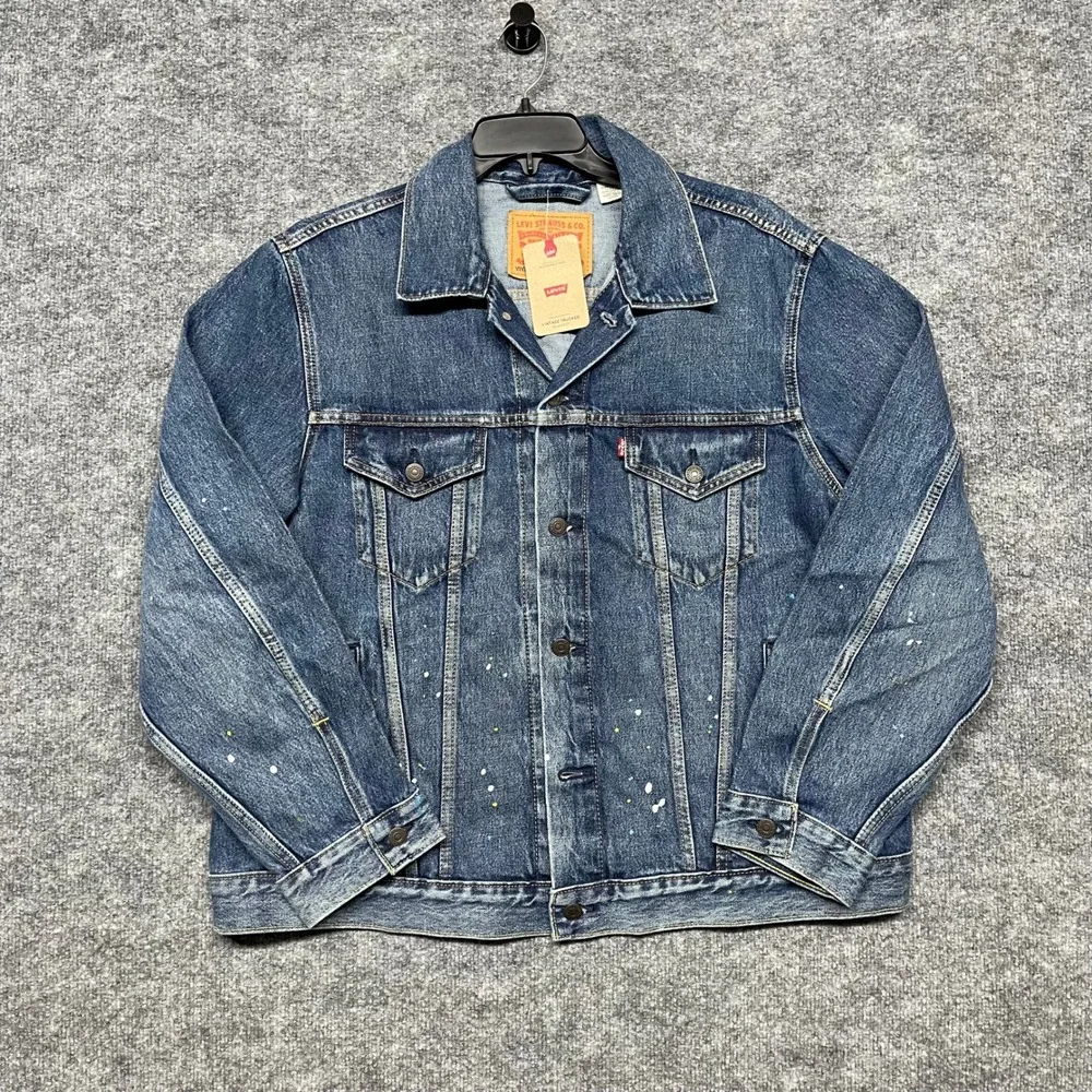 Levis Trucker Jacket Mens XL Blue Denim Vintage Fit Paint Splatter Relaxed NEW